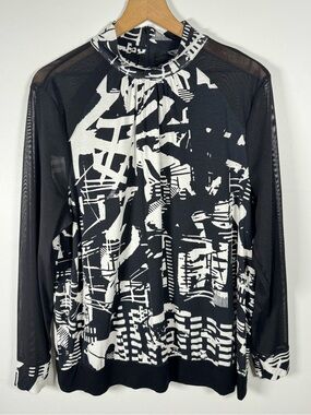 SIMPLY ART By DOLCEZZA  "Matiere Urbaine” Black White Semi-Sheer Mock Neck Top M
